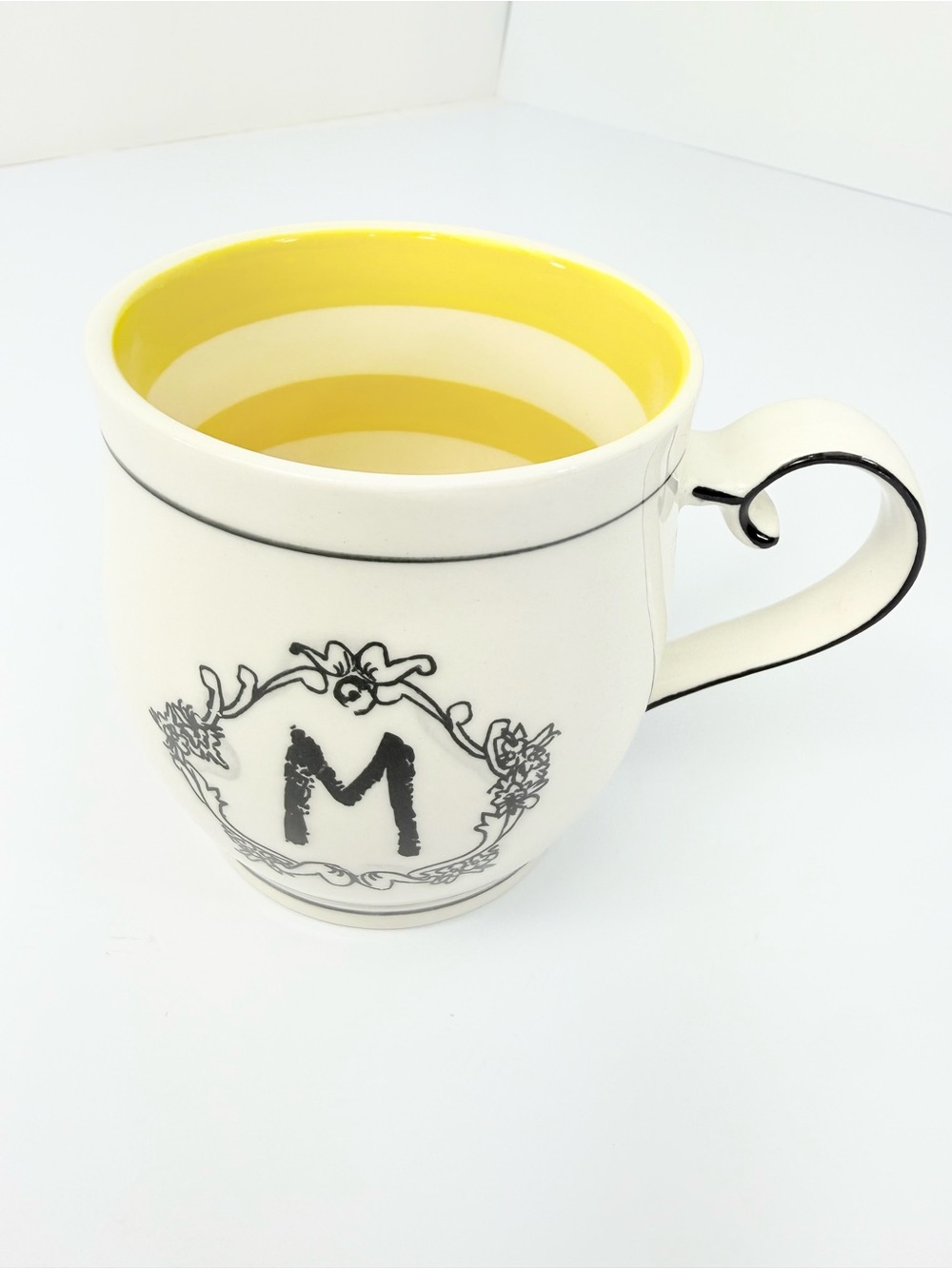 Anthropologie Katie Mandy Black Monogram Initial Letter “M" Stripe Ceramic Mug